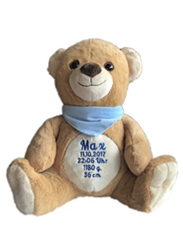 Stofftier Plüsch Teddy mit Name & Geburtsdatum bestickt (Halstuch: Hellblau (JUNGE)) - 1